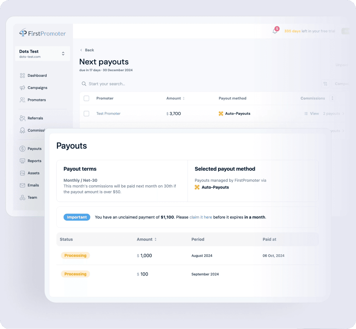 FirstPromoter One click Auto-payouts. Compliant payouts, single invoice, worry-free. 